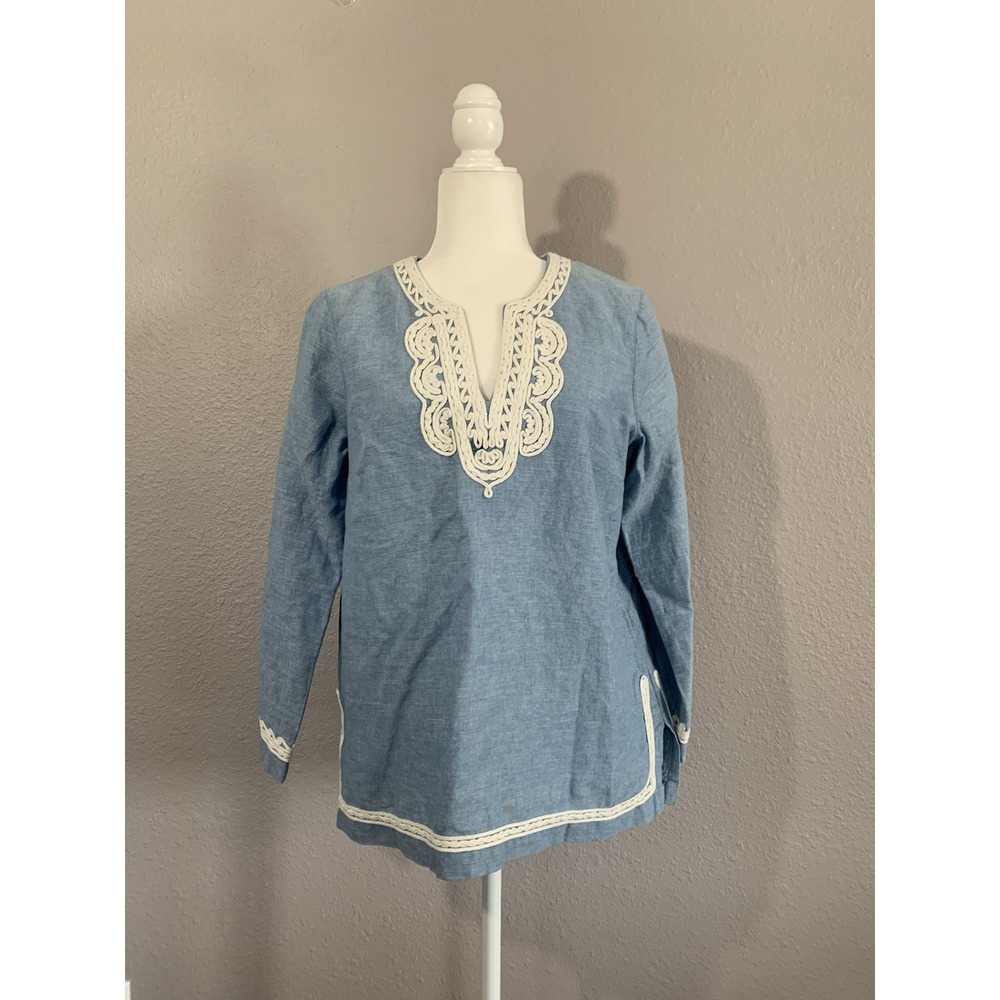 Point Sur J Crew‎  Blue White Embroidered Linen Blend Boho Tunic Top Size S EUC
